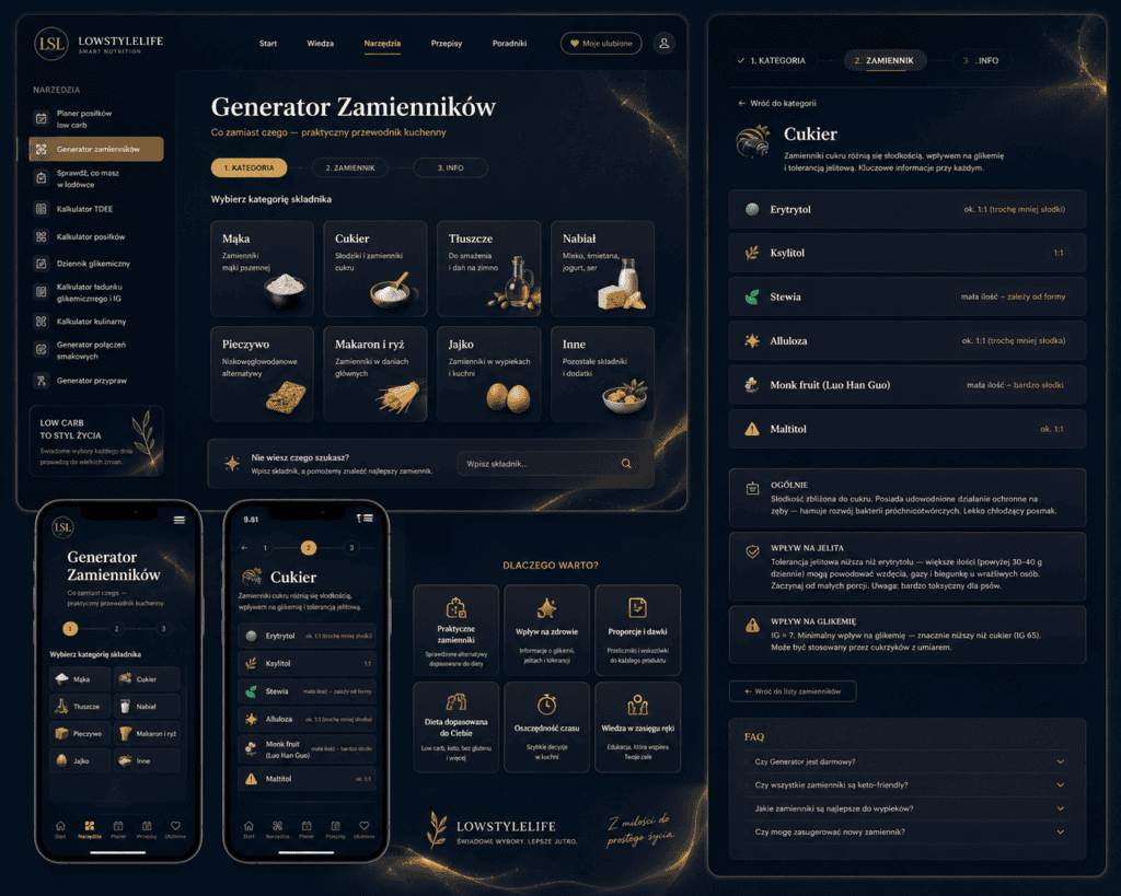 Ciemny mockup interfejsu generatora zamienników LowStyleLife z futurystycznym dashboardem i analizą produktów low carb.