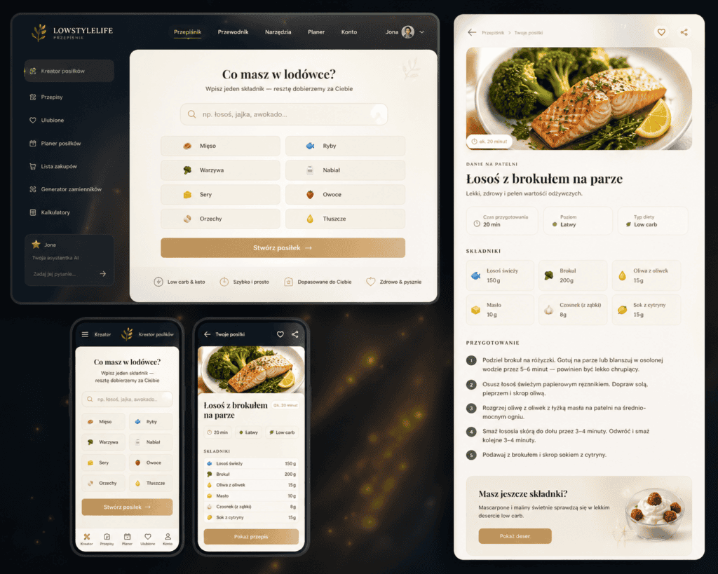 Futurystyczny mockup interfejsu aplikacji webowej LowStyleLife wyświetlany na komputerze i smartfonie — ciemny nowoczesny dashboard z planowaniem posiłków.