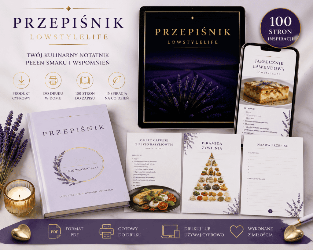 Mockup drukowanego przepiśnika LowStyleLife z kartami przepisów, plannerem posiłków i materiałami kuchennymi w eleganckiej stylistyce premium.