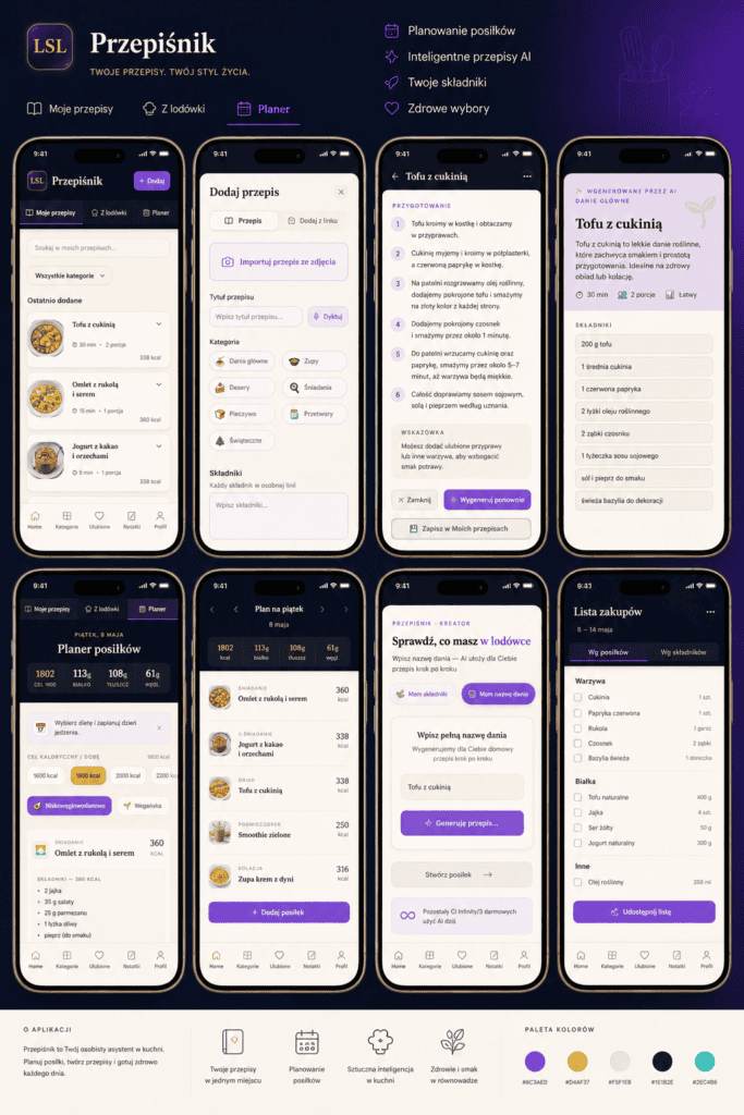 Mockup aplikacji mobilnej LowStyleLife z ekranami przepisów różnych diet