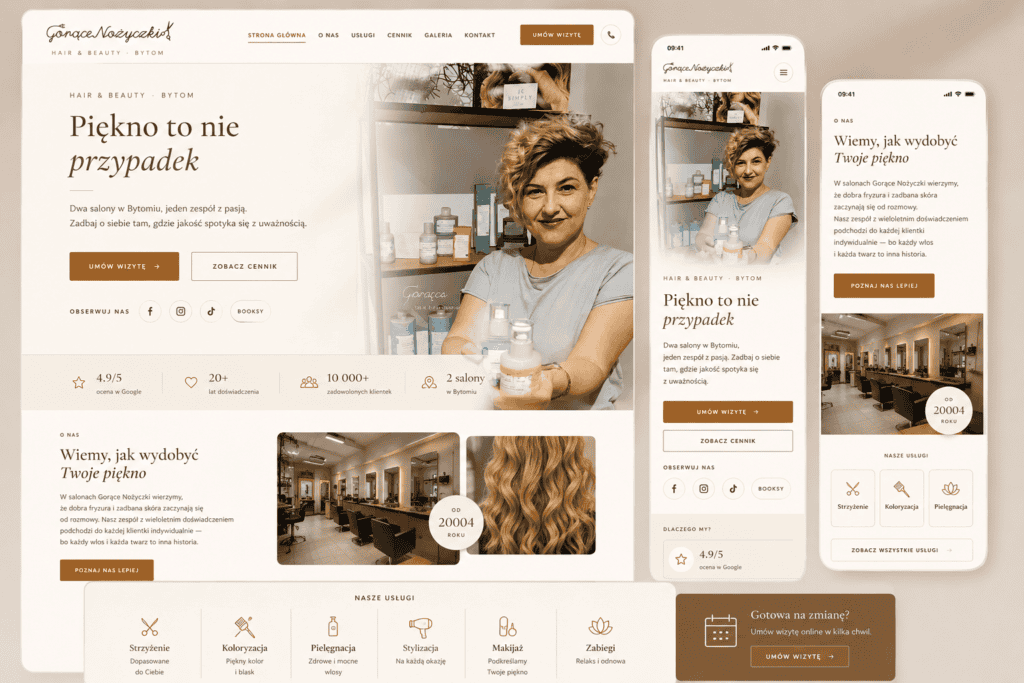 Nowoczesny mockup strony internetowej salonu beauty w jasnej estetyce premium z widokiem desktop i mobile.